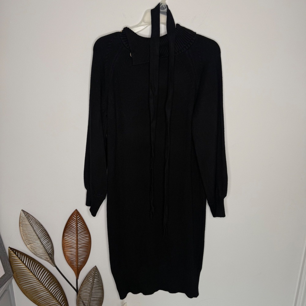 Black Turtleneck Knit Sweater Dress Gold Button Lantern Sleeve Belted Small Midi - Picture 10 of 11